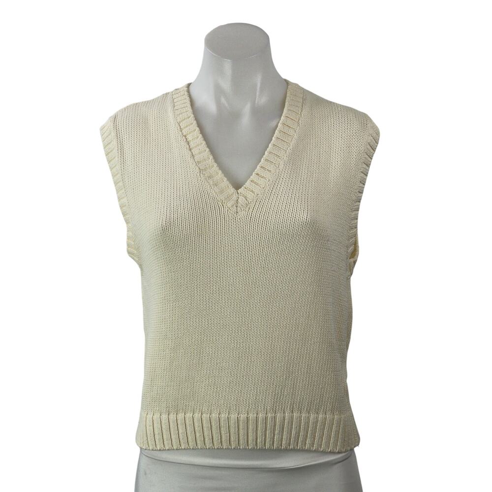 Zara Women's Cream Classic Sleeveless Ribbed Knit Fitted V-neck Sweater Top Sz M